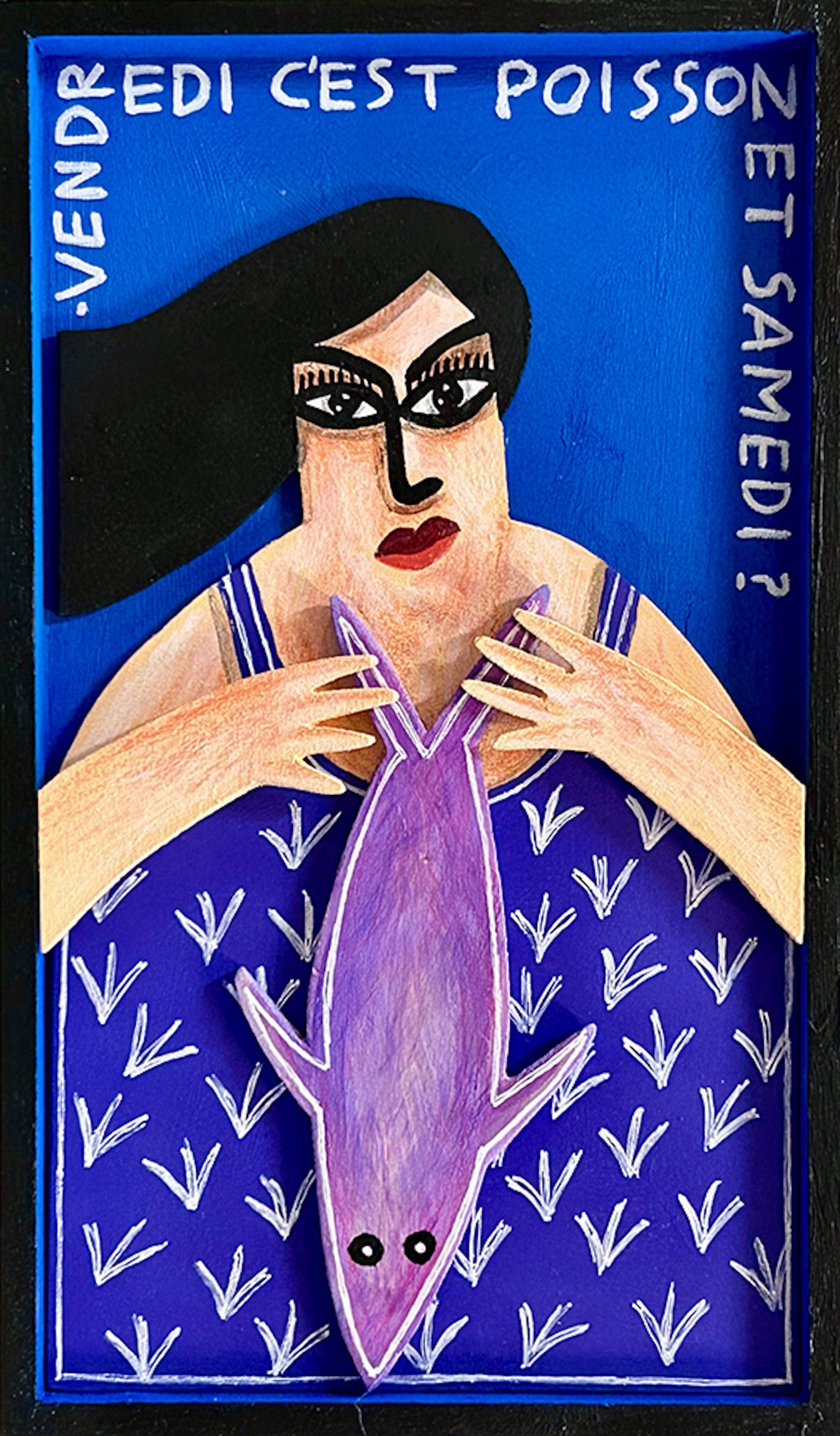 Figure féminine tenant un poisson stylisé violet sur fond bleu avec inscription “Vendredi c’est poisson”, série Boîtes